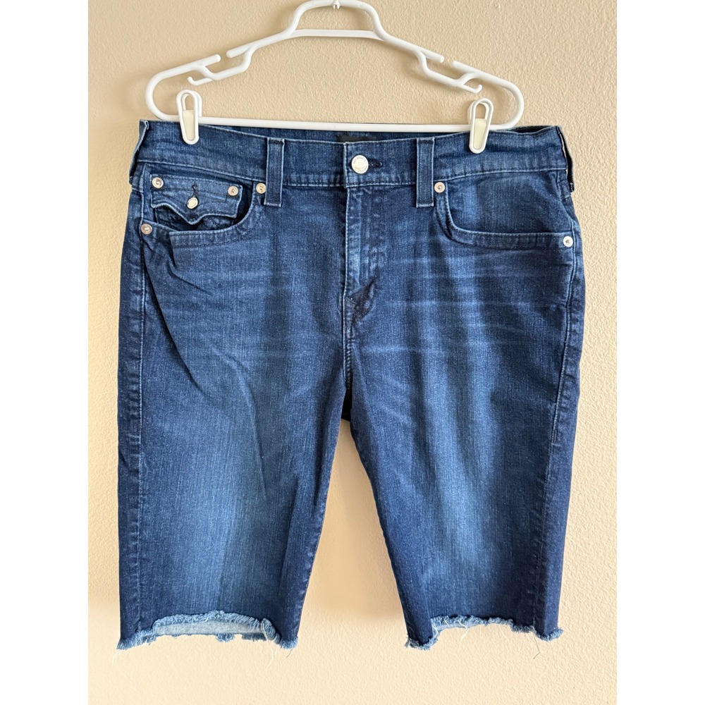 True Religion Mens Dark Wash Denim Cutoff Shorts Raw Hem Size 38W